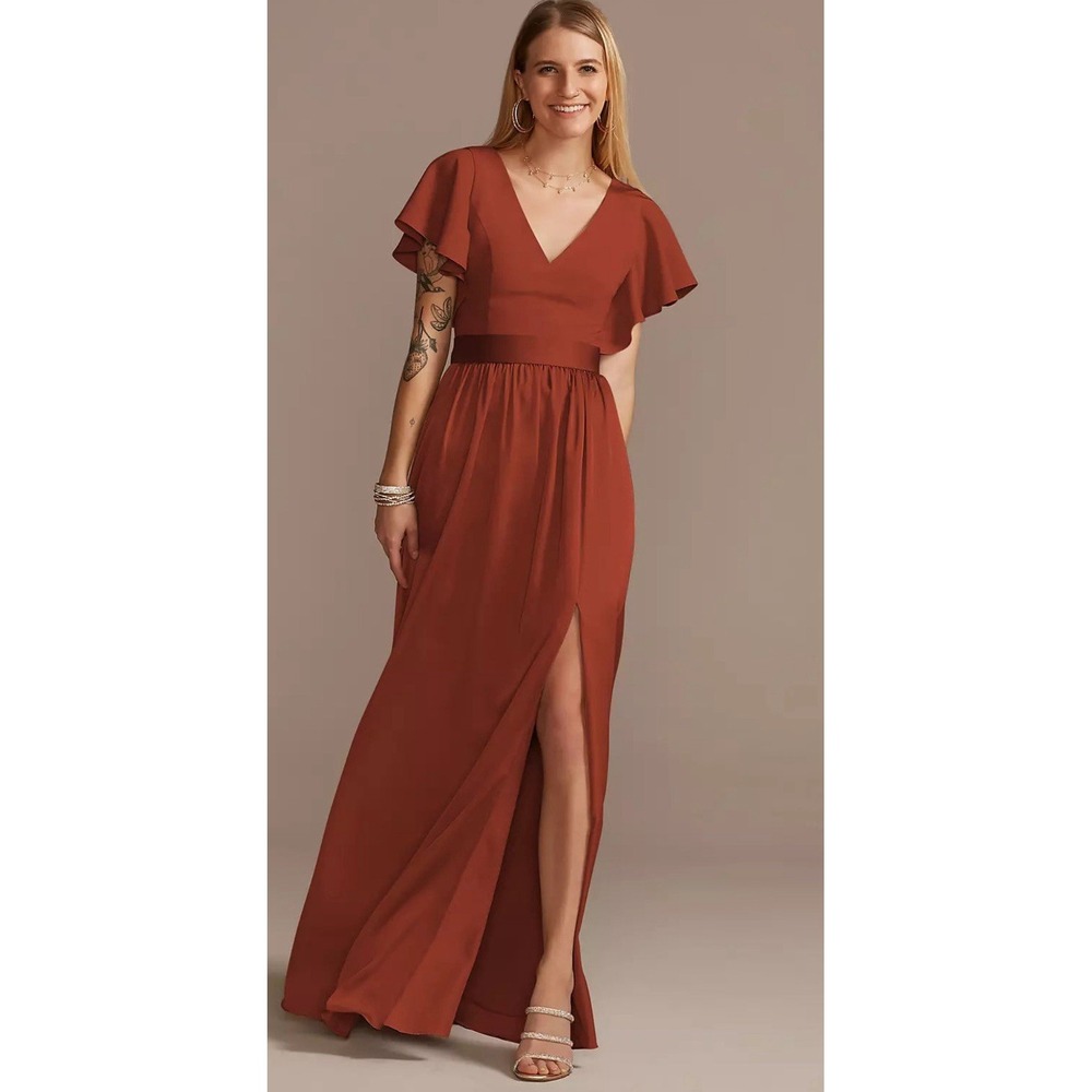 Burnt Orange Flutter Sleeve Open Back Maxi Dress Size 8 Formal Bridesmaid Prom